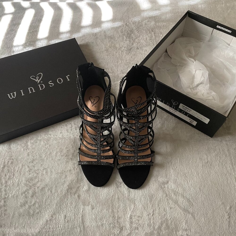 Women's Black, Bling, High Heel, Strappy zip up shoe in size 6 & 1/2 (6.5).